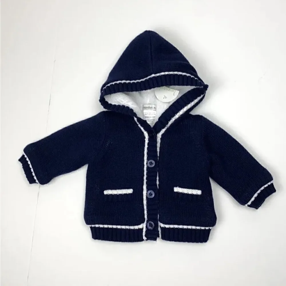 NWT BEANSTORK Baby HOODED CARDIGAN Jacket Blue White Knitted Fax Fur Lining 3M